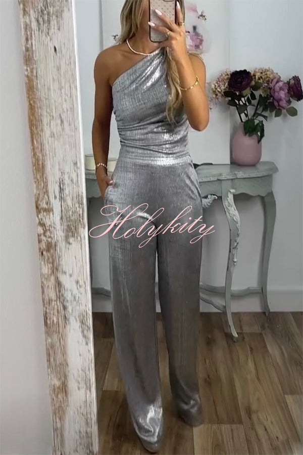 Shining Moment Metallic Fabric One Shoulder Ruched Tank and Pocketed Loose Stretch Pants Set