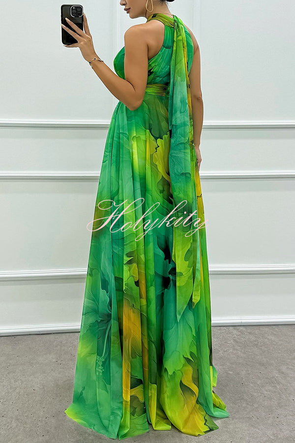 Elaine Tulle Floral Splash Print Cutout Halter Tie-up Neck Gown Maxi Dress