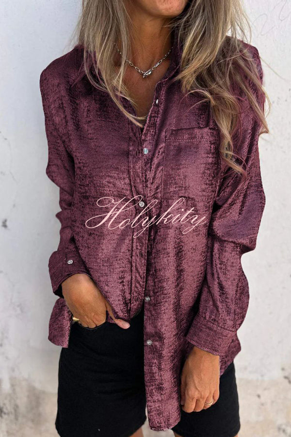 First and Fabulous Metallic Fabric Button Up Long Sleeve Loose Blouse