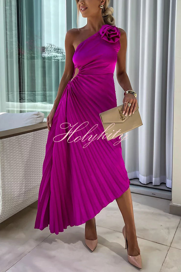 Romantic Nights Satin Raised Flower Elastic Cutout One Shoulder Pleated Maxi Dress