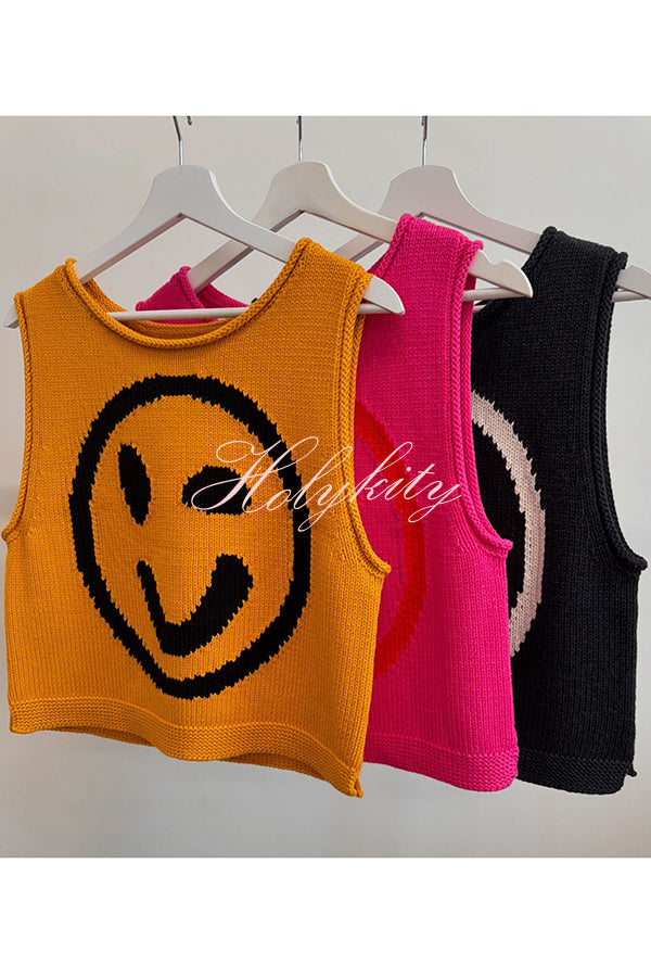 Always Happy Face Knit Unique Pattern Versatile Loose Tank Top