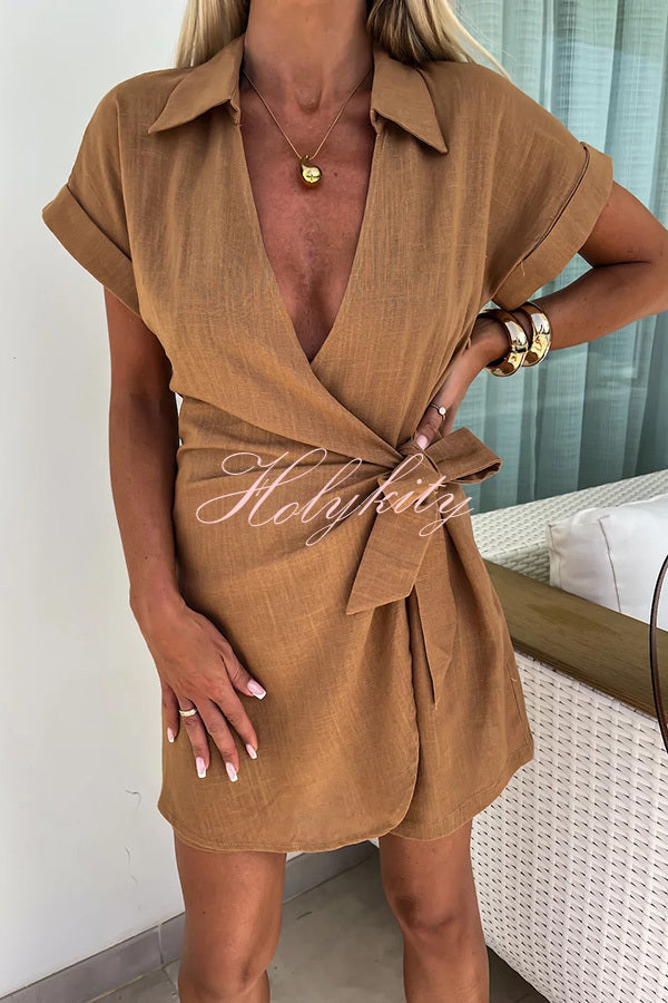 Relaxing Beach Linen Blend Solid Color Wrap Loose Shirt Romper