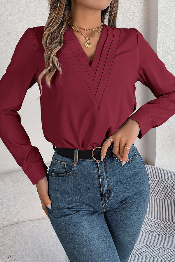 Elegant Layered V-neck Long-sleeved Casual Shirt