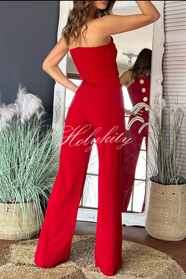 Solid Color Sexy Tube Top Gold Button Embellished Bootcut Jumpsuit