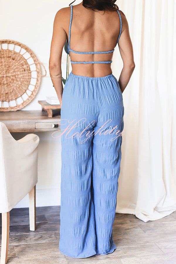 Summer Vacay Style Crinkle Fabric Cut Out Elastic Waist Pocket Backless Jumpsuit