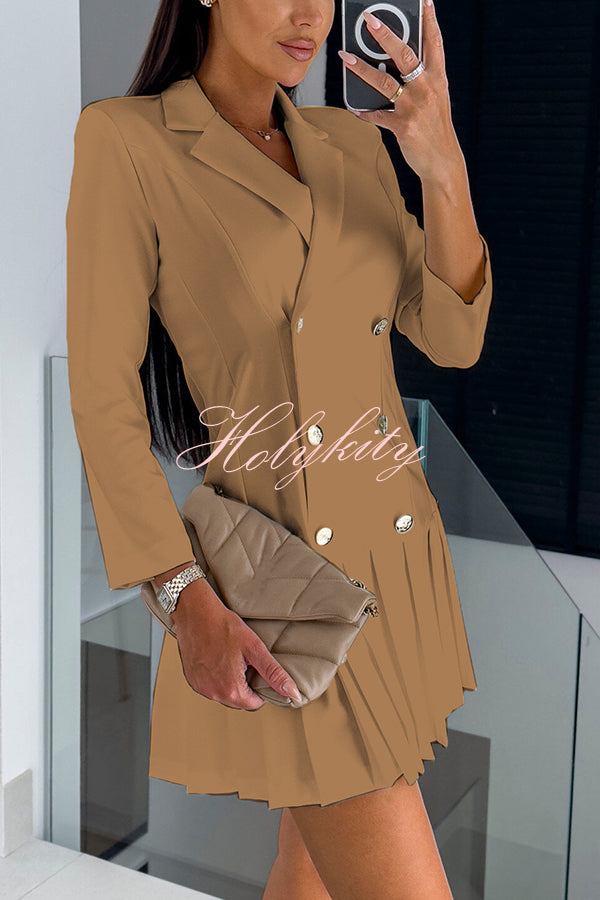 Kayleen Metal Button Down Solid Color Long Sleeve Pleated Blazer Mini Dress