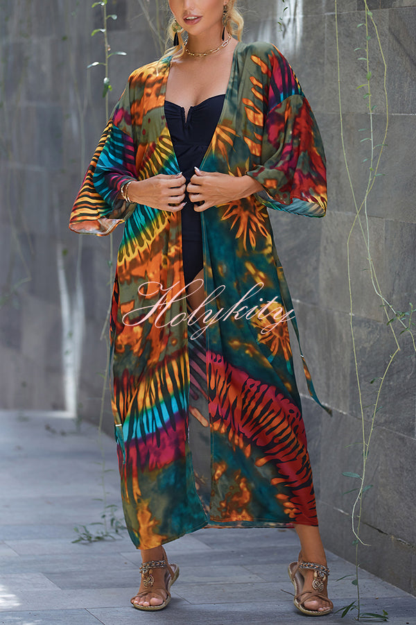 Unique Print Loose Lace Up Holiday Maxi Cover Up