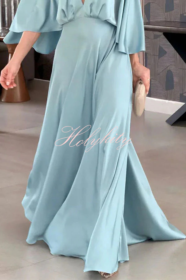 Solid Color V Neck High Waist Slit Casual Maxi Dress