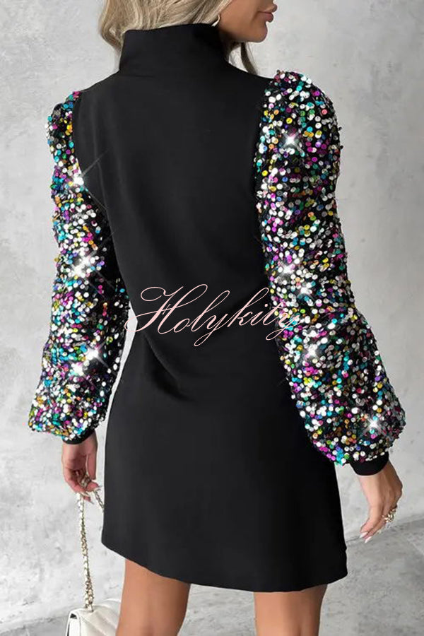 Color Block Turtleneck Balloon Sleeves Sequined Button Mini Dress