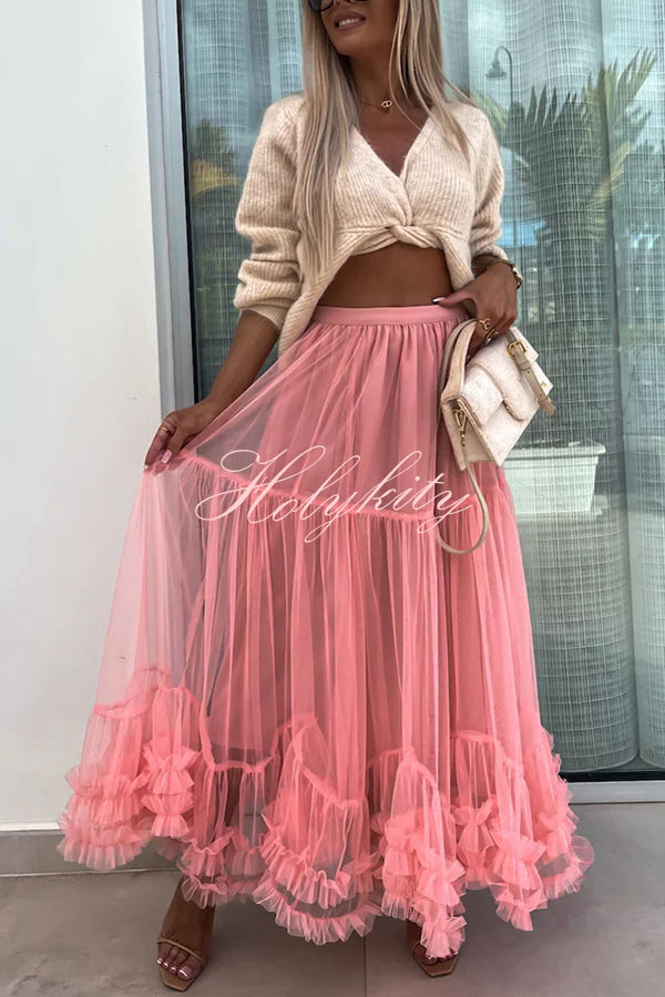 Elegant Tulle Stretch Waist Paneled Pleated Maxi Skirt