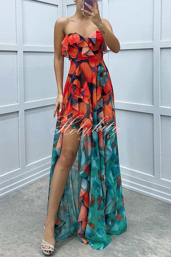 Loving Moment Gradient Unique Print Flowing Layered Ruffles Strapless Slit Maxi Dress