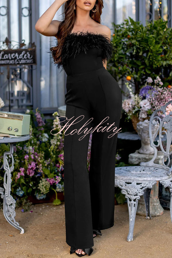 First Class High Rise Feather Stretch Waist Jumpsuit