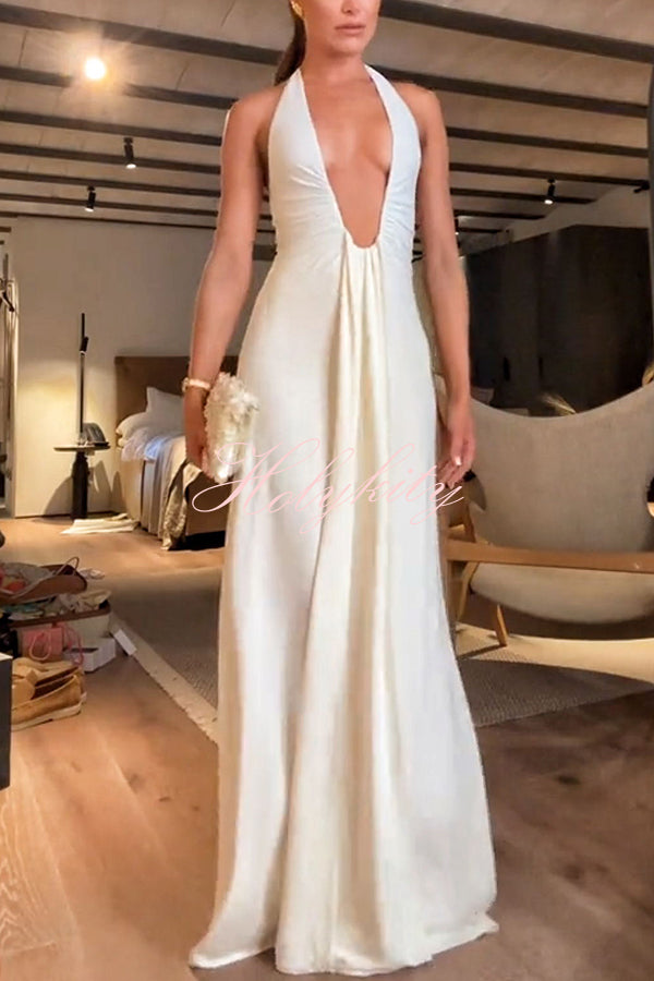 Sexy Silhouette Deep U-neck Halter Waterfall Sash Drape Maxi Dress