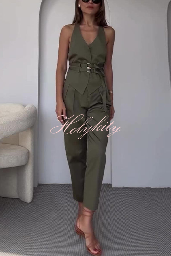 Sexy Backless Belted Waistcoat and Casual Pocket Pants Set