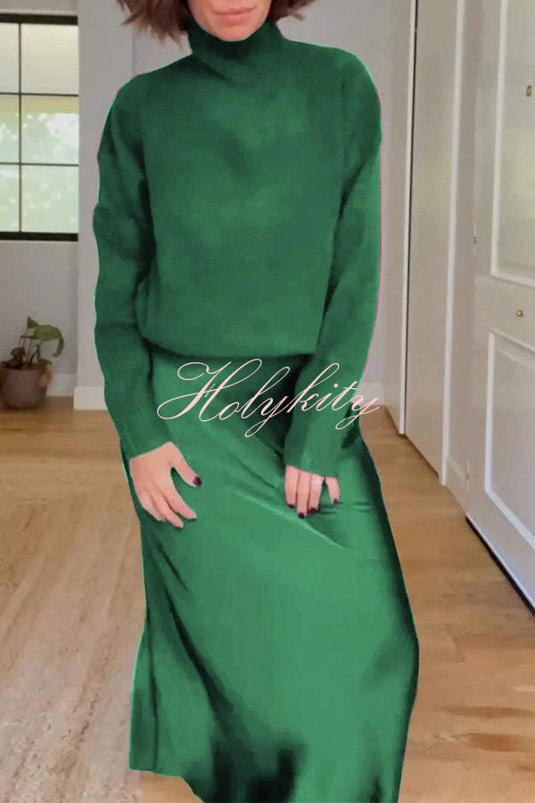 Jaelyn Solid Color Turtleneck Long Sleeve Sweater and Satin Elastic Waist Maxi Skirt Set