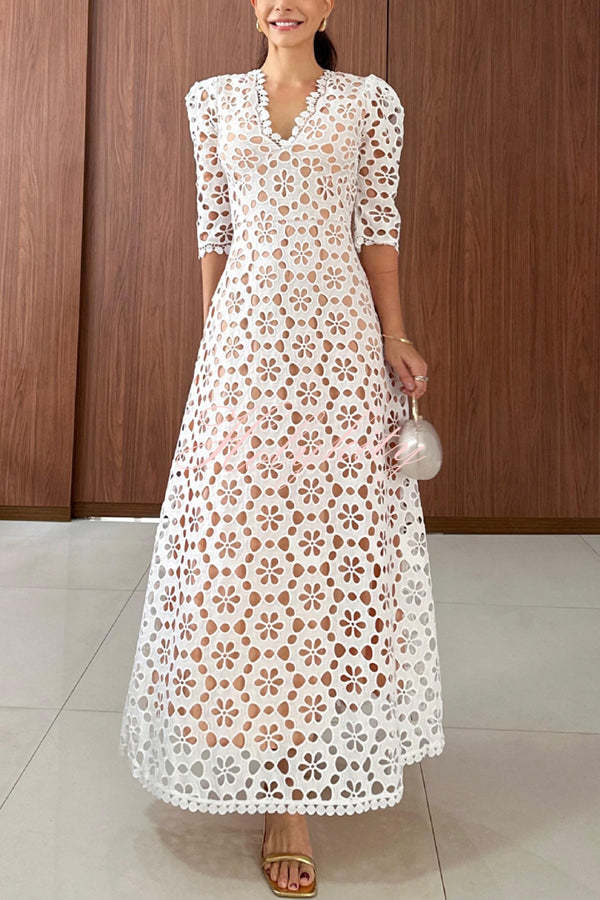 Best Day Ever Crochet Floral Lace Puff Sleeve Lined Maxi Dress