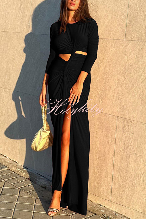 Solid Color Round Neck Long Sleeve Sexy Exposed Waist Slit Maxi Dress