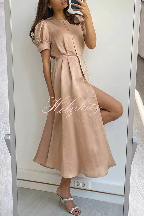 Chic and Classy Vibe Puff Sleeve Pearl Button Slit Midi Dress