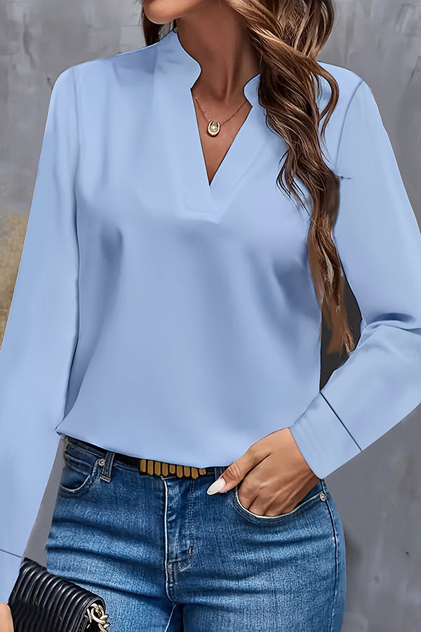 Solid Color Loose V-neck Long-sleeved Casual Shirt