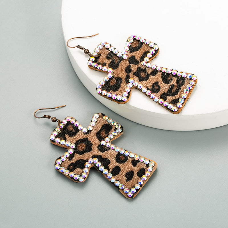 Exaggerated Cross Personality Leopard Print Earrings