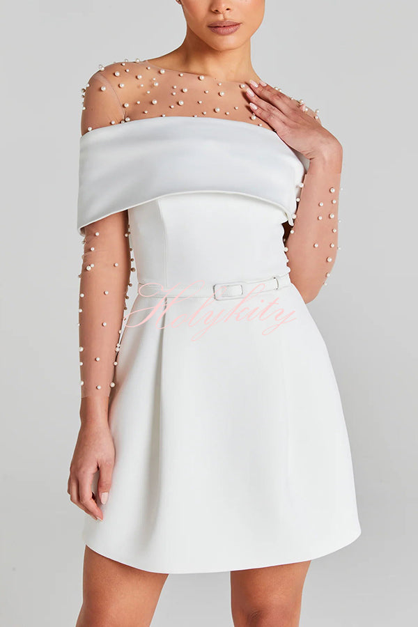 Romantic and Versatile Pearl Mesh Stitching Lycra Long Sleeve Stretch Bodysuit