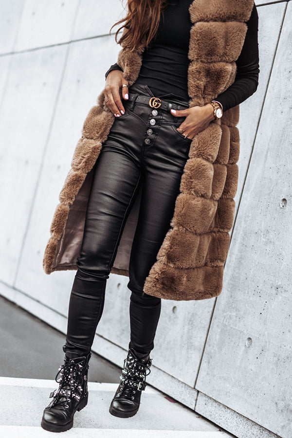 Solid Color Fur Round Neck Sleeveless Midi Vest Jacket