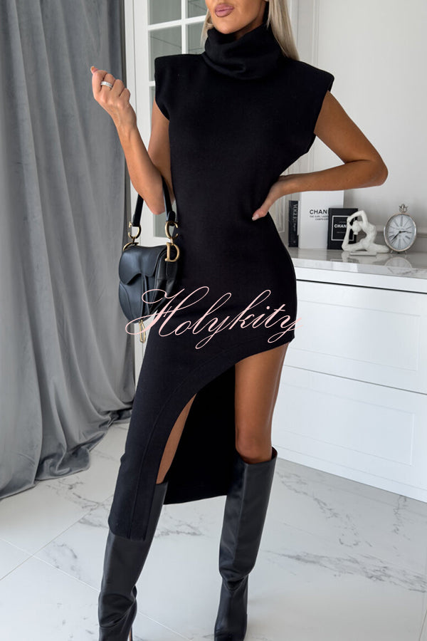 Fashion Trend High Neck Sleeveless Slit Irregular Midi Dress