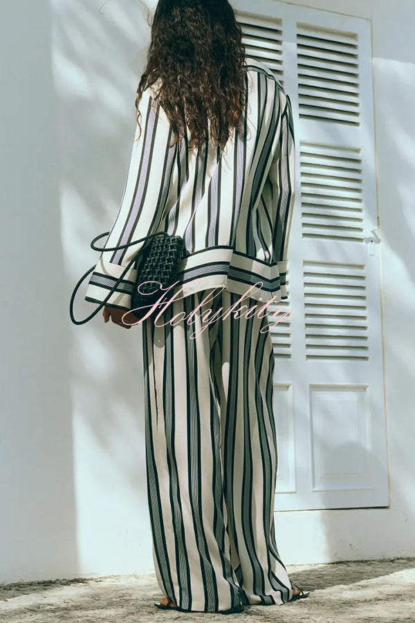 Lifetime of Happiness Striped Long Sleeve Loose Shirt and Elastic Waist Pocket Pants Set