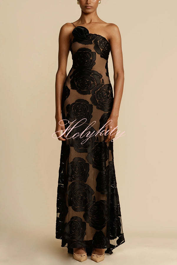 Timeless Elegance and Sexy Floral Print Asymmetrical Neckline Maxi Dress