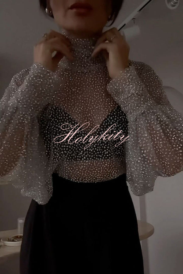 Wear Tool Glitter Decoration Mesh High Neck Lantern Sleeve Blouse