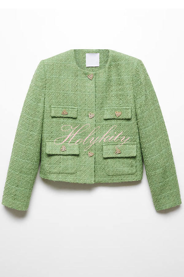 Stylish Tweed Love Button Long Sleeve Casual Pocket Jacket