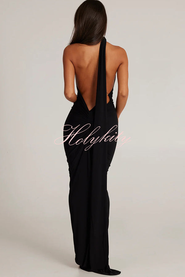 Sexy Backless Pleated Slim Solid Color Sleeveless Elegant Maxi Dress