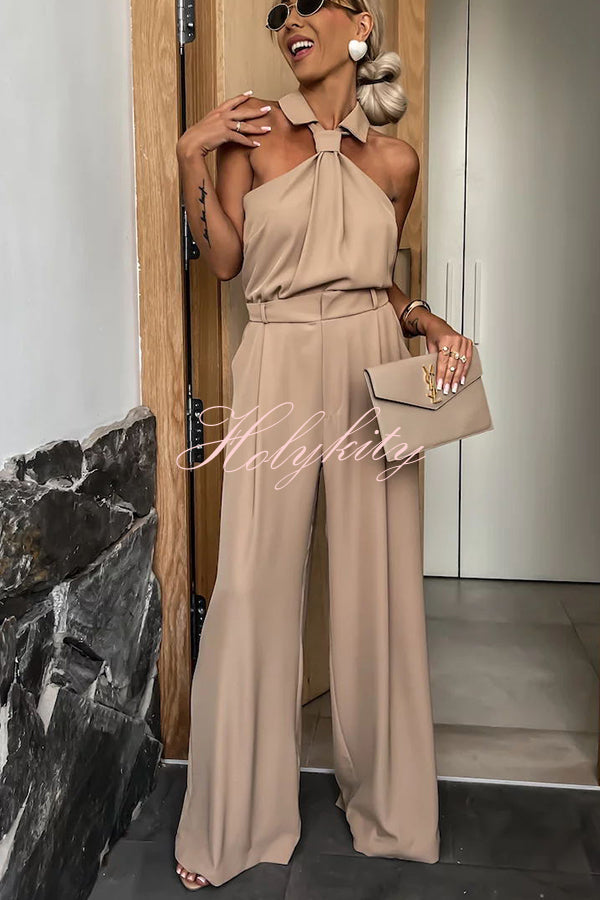 Fashionable Unique Look Halter Shirt Collar Pocketed Wide Leg Jumpsuit