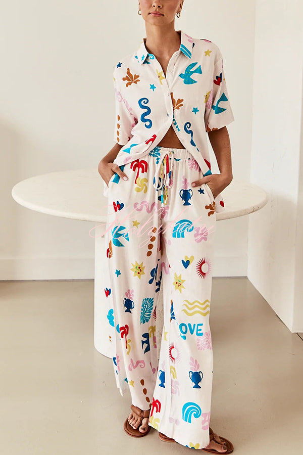 Summer Beach Element Printed Button Lace Up Pocket Pants Suit