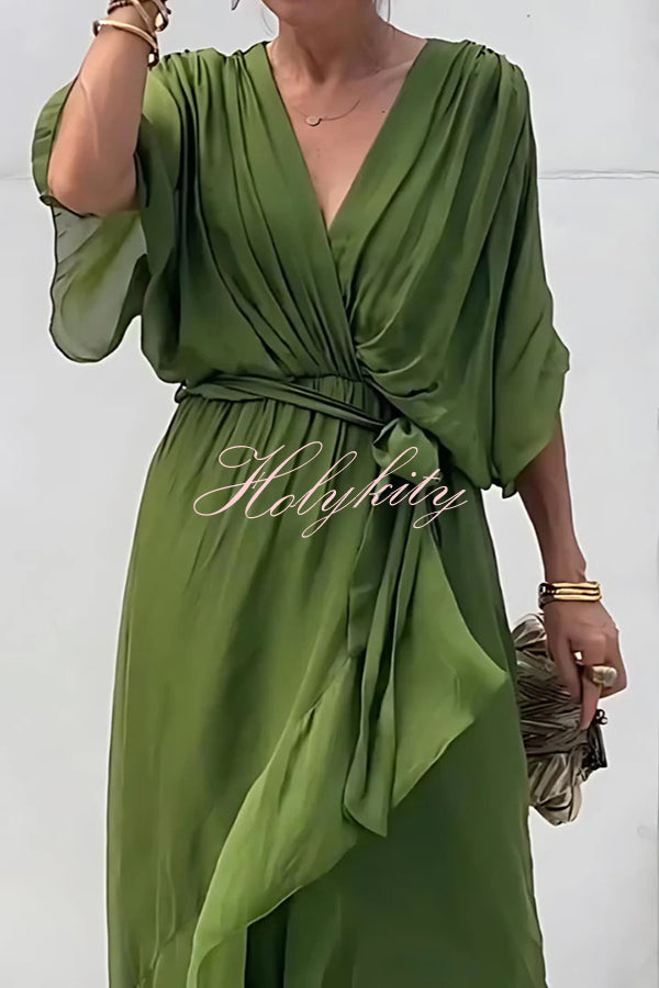 Solid Color V-neck Bat Sleeve Lace-up Irregular Hem Midi Dress