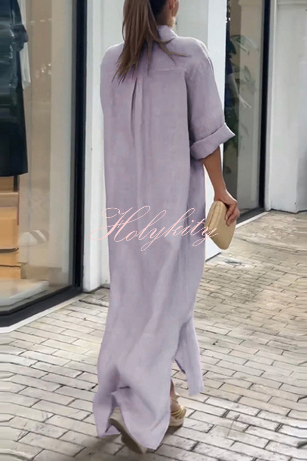 Linen Blend Solid Long Sleeve Buttoned Loose Shirt Style Maxi Dress