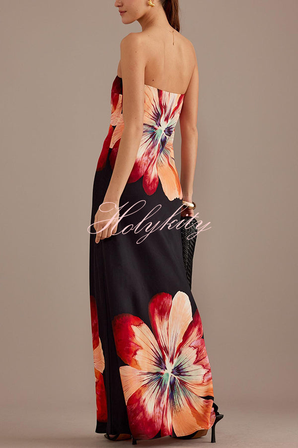 Charming Lady Satin Floral Print Bandeau Loose Maxi Dress