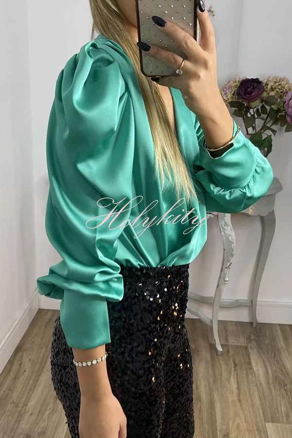 Perfectly Adored Satin Crossover Neckline Puff Sleeve Blouse