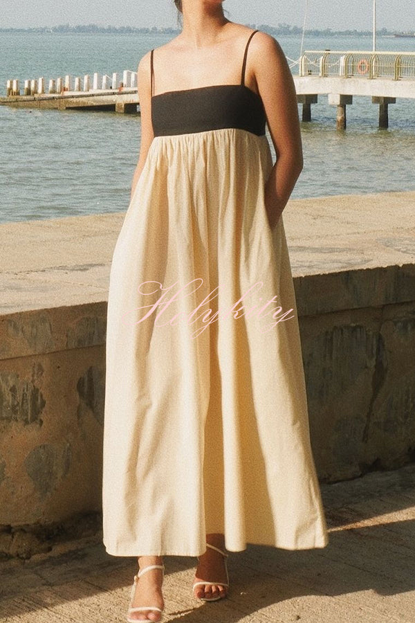 Linen Blend Sexy Sling Backless Contrast Maxi Dress