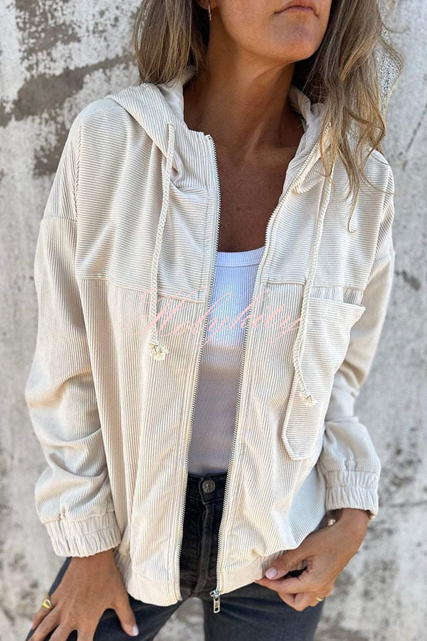 Solid Color Hooded Pocket Zippered Loose Jacket