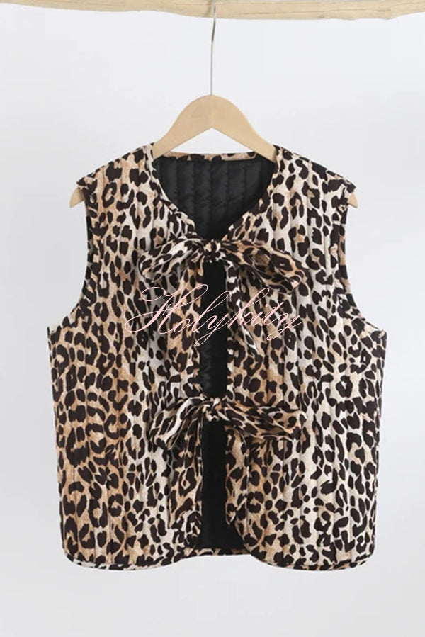 Leopard Print Lace-up Bow Sleeveless Statement Vest Top