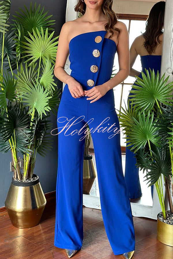 Solid Color Sexy Tube Top Gold Button Embellished Bootcut Jumpsuit