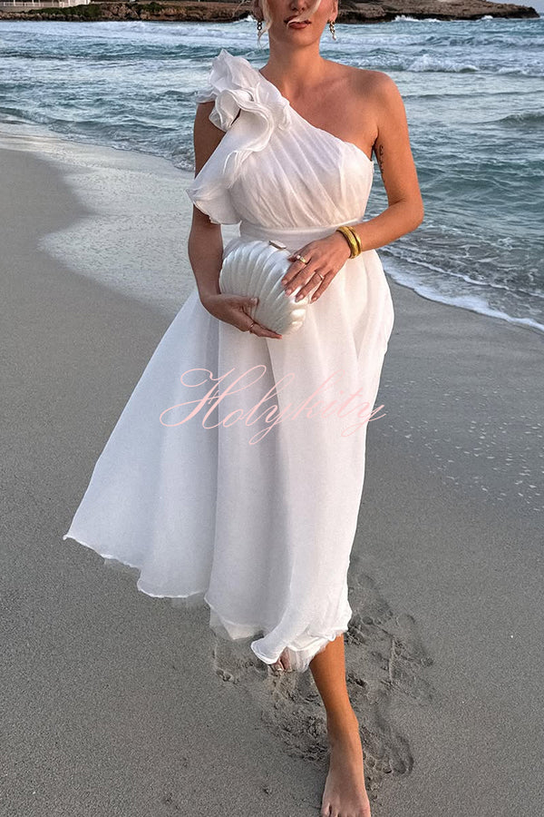 Romantic Seaside One Shoulder Frill Detail Sleeve Layered Midi Dress