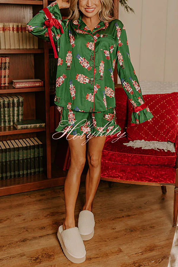 Christmas Dreaming Satin Nutcrackers Print Velvet Trim Elastic Waist Pocketed Pajama Shorts Set