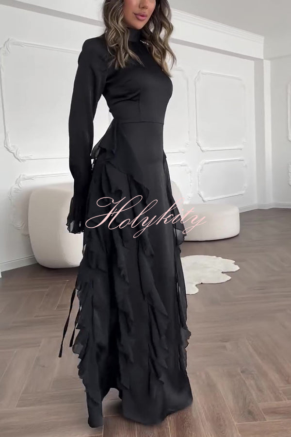 Cline Solid Color High Neck Long Sleeve Elegant Ruffles Maxi Dress