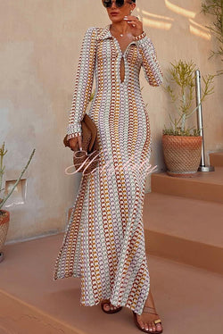 Bondi Beach Knit Colorful Wave Print Long Sleeve Vacation Maxi Dress