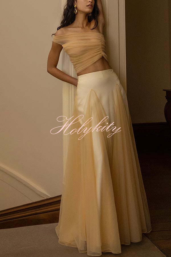 Romance Factor Satin Patchwork Tulle High Rise Elastic Waist A-line Maxi Skirt