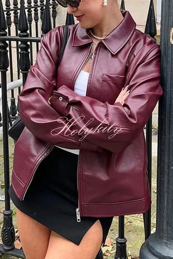 Y2K Burgundy Faux Leather Pocketed Zipper Loose Jacket