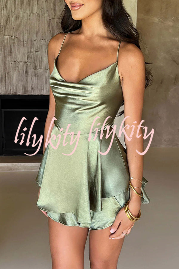 Ruffled Elegant Satin Strappy Satin Backless Lace Up Mini Dress