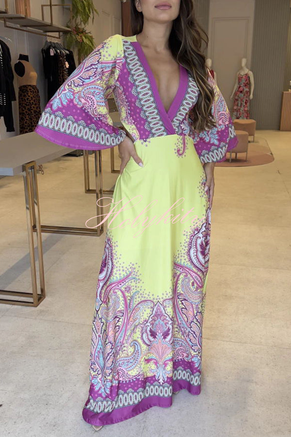 Stand Out and Shine Palace Style Print Bell Sleeve Backless Vacation Maxi Dress